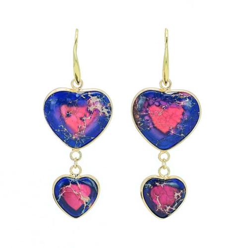 Boucles d'oreilles en pierres précieuses, laiton, avec Pierre naturelle, coeur, bijoux de mode & pour femme, bleu, 50mm, Vendu par paire