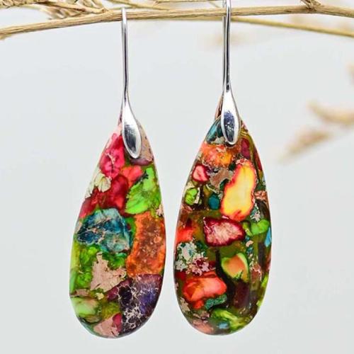 Natural Gemstone Earrings, Brass, with Natural Stone, fashion jewelry & for woman, silver color, 55x16mm, Sold By Pair