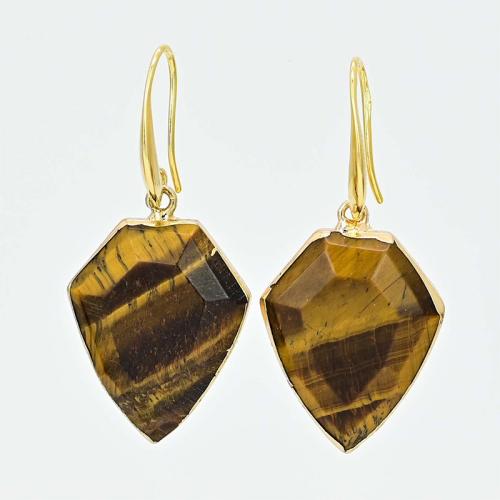 Natural Gemstone Earrings, Brass, with Tiger Eye, fashion jewelry & for woman, golden, 52mm, Sold By Pair