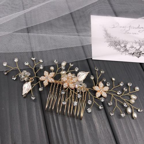 Decorative Hair Combs, Brass, with Plastic Pearl, fashion jewelry & for woman & with rhinestone, golden, 180x70mm, Sold By PC