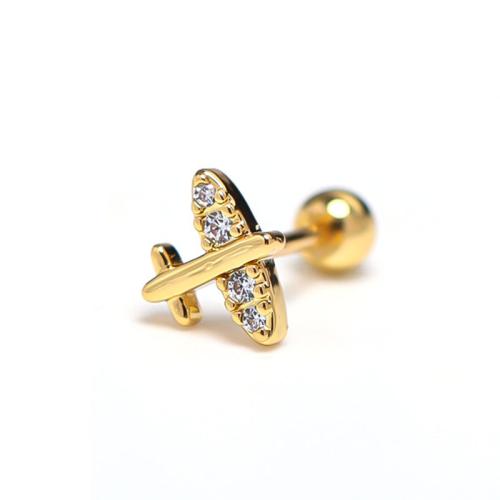 Stainless Steel Stud Earrings, 304 Stainless Steel, Airplane, Vacuum Ion Plating, fashion jewelry & Unisex & with rhinestone, golden, 9x13mm, Sold By PC