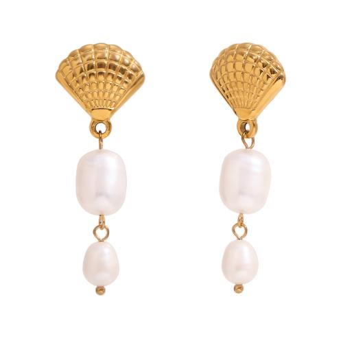 Boucle d'oreille goutte inox, Acier inoxydable 304, avec perle de plastique, Placage de couleur d'or, bijoux de mode, doré, Vendu par paire