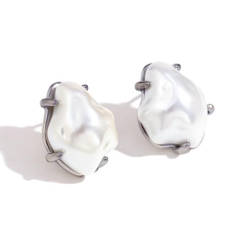 Stainless Steel Stud Earrings 304 Stainless Steel with Plastic Pearl plated fashion jewelry Sold By Pair