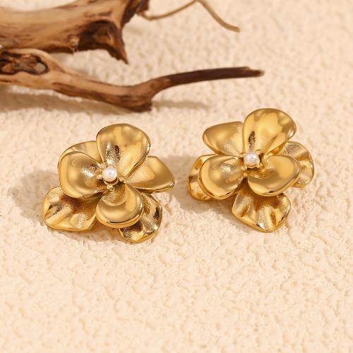 Stainless Steel Stud Earrings 304 Stainless Steel with Plastic Pearl Flower gold color plated fashion jewelry golden Sold By Pair