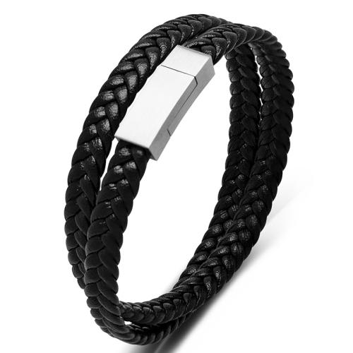 Bracelets cordon PU, Acier inoxydable 304, avec cuir PU, fait à la main, unisexe & normes différentes pour le choix, noire, Vendu par PC