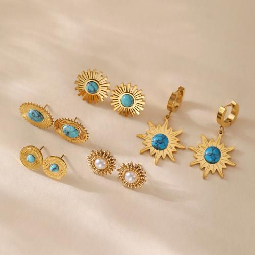 Brass Stud Earring with turquoise & Plastic Pearl & 304 Stainless Steel plated  & for woman golden Sold By Pair