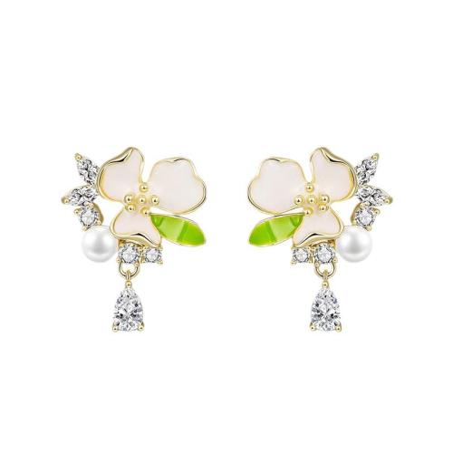 Pendientes de Micro Pavé de Zirconía Cúbica en Plata de Ley, plata de ley 925, con Shell Pearl, pulido, micro arcilla de zirconia cúbica & para mujer, más colores para la opción, 25x17mm, Vendido por Par