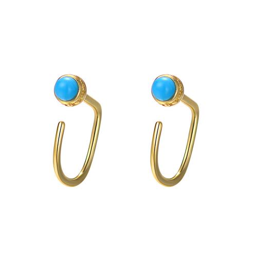 925 Sterling Silver Stud Earrings, with turquoise, plated, for woman, golden, Turquoise about 0.3cm, Sold By Pair