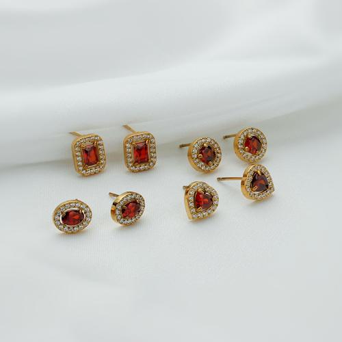 Boucle d'oreille Acier Titane, avec Rubis, Placage, styles différents pour le choix & pour femme & avec strass, plus de couleurs à choisir, protéger l'environnement, sans nickel, plomb et cadmium, 10x11mm, Vendu par PC