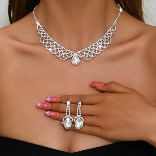 ottone set di gioielli fashion, orecchino & Collana, Lacrima, placcato, 2 pezzi & Micro spianare cubic zirconia & per la donna & con strass, argento, Venduto da set