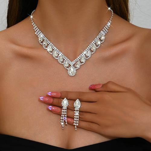 metal Conjunto de joya, pendiente & collar, chapado, 2 piezas & micro arcilla de zirconia cúbica & para mujer & con diamantes de imitación, plateado, Vendido por Set