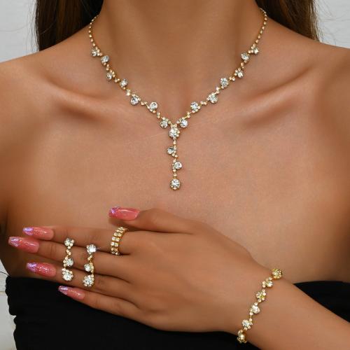 Brass Jewelry Set, finger ring & bracelet & earring & necklace, with Rhinestone, plated, 4 pieces & for woman, more colors for choice, Sold By Set