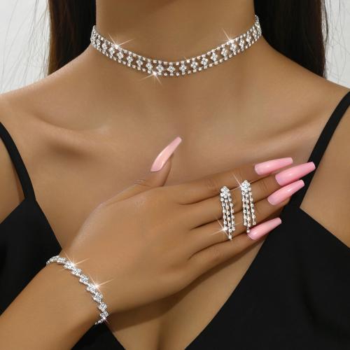 Brass Jewelry Set, with Rhinestone, plated, different styles for choice & for woman, silver color, Sold By Set