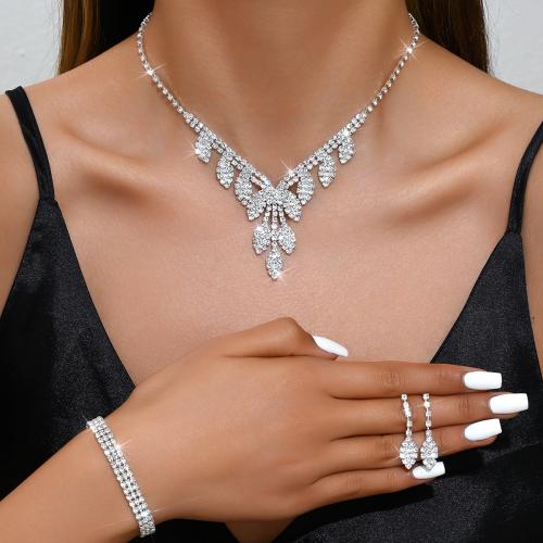 Brass Jewelry Set, with Rhinestone, plated, different styles for choice & for woman, silver color, Sold By Set