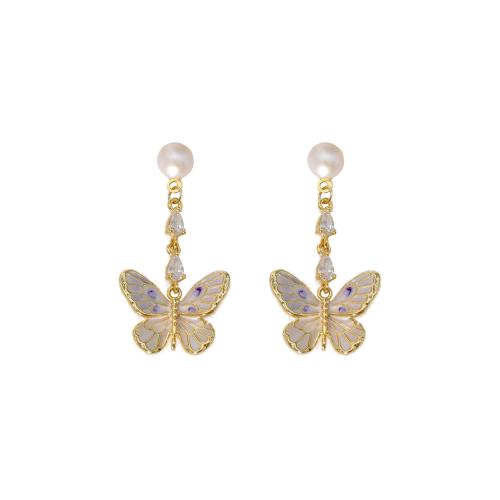 Boucles d'oreilles en laiton zircon cubique pavent, avec perle d'eau douce cultivée, Plaqué or 18K, bijoux de mode & pavé de micro zircon & pour femme, plus de couleurs à choisir, 35x18mm, Vendu par paire