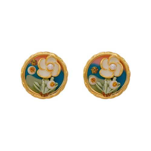 Brass Stud Earring with Plastic Pearl 18K gold plated fashion jewelry & for woman & enamel golden 21mm Sold By Pair