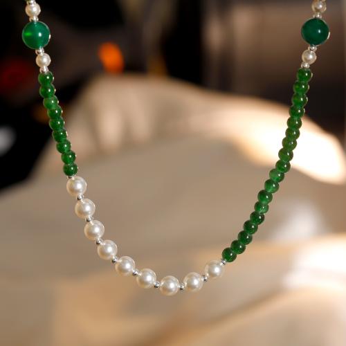 Brass Necklace, with Glass Beads & Agate, with 5.5cm extender chain, fashion jewelry & for woman, green, Length:Approx 39 cm, Sold By PC