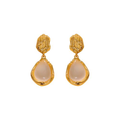 Brass Stud Earring, with White Agate, 18K gold plated, fashion jewelry & for woman, golden, 35x14mm, Sold By Pair