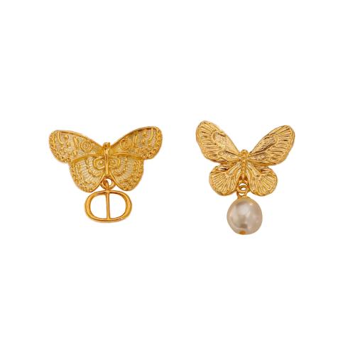 Asymmetric Earrings, Brass, with Plastic Pearl, 18K gold plated, fashion jewelry & for woman, golden, 2.6x2.1cm,2.1x2.4cm, Sold By Pair