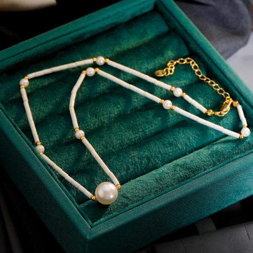 Brass Necklace, with Natural Stone & Plastic Pearl, with 5.5cm extender chain, 18K gold plated, fashion jewelry & for woman, white, Length:Approx 37 cm, Sold By PC