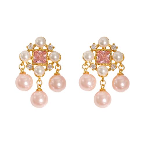 Boucles d'oreilles en laiton zircon cubique pavent, avec perle de plastique, bijoux de mode & pavé de micro zircon & pour femme, plus de couleurs à choisir, 32x19mm, Vendu par paire