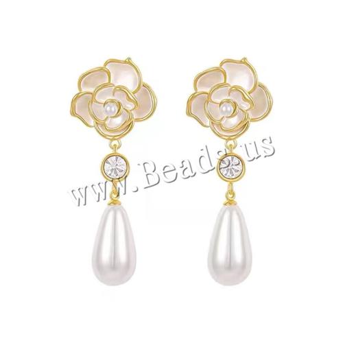 Tibetan Style Stud Earring, with Plastic Pearl, fashion jewelry & for woman & with rhinestone, golden, 48x19mm, Sold By Pair