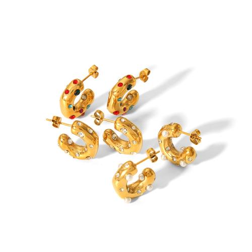 Boucle d'oreille de gaujon en acier inoxydable, Acier inoxydable 304, Lettre C, bijoux de mode & pavé de micro zircon & pour femme, plus de couleurs à choisir, 17.50x19.80mm, Vendu par paire