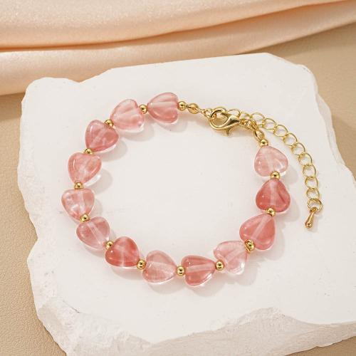 Eisen Armbänder, mit Naturstein, mit Verlängerungskettchen von 5cm, goldfarben plattiert, Modeschmuck, Rosa, frei von Nickel, Blei & Kadmium, Länge:16 cm, verkauft von PC