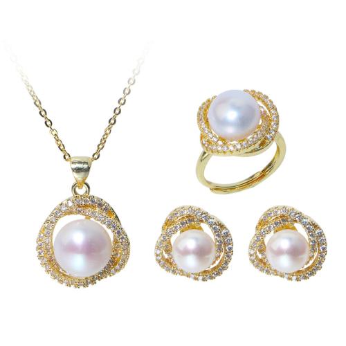 Set de Joyería de Latón, metal, con Perlas cultivadas de agua dulce, con 5cm extender cadena, chapado en color dorado, diferentes estilos para la opción & para mujer & con diamantes de imitación, longitud aproximado 40 cm, Vendido por UD