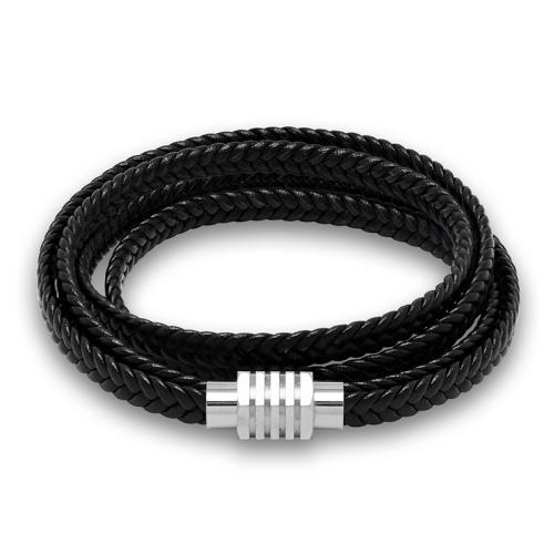 PU Leather Cord Bracelets, 304 Stainless Steel, with PU Leather, handmade, Unisex & different size for choice, black, Sold By PC