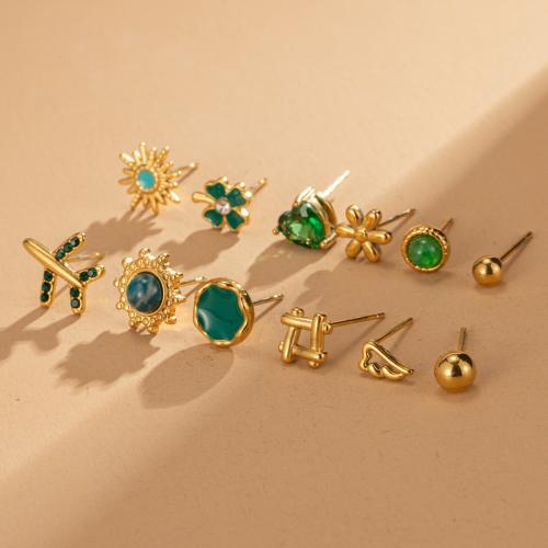 Titanium Steel  Earring with Gemstone plated 6 pieces & micro pave cubic zirconia & for woman & enamel golden Sold By Set