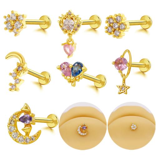 Brass Lip Piercing Stud, plated, Unisex & different styles for choice & micro pave cubic zirconia, golden, Sold By PC