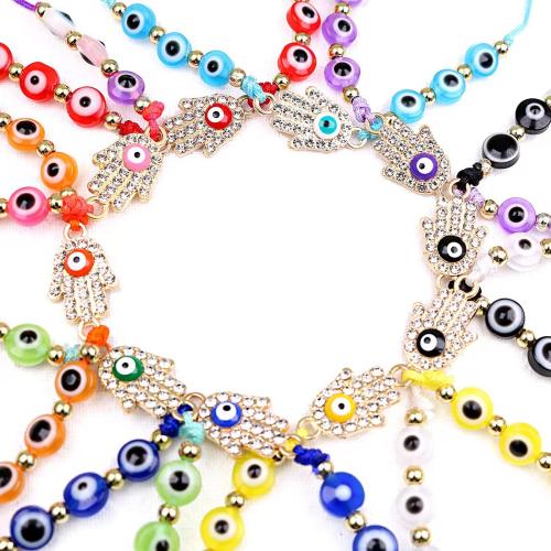 Mal pulsera ojo, aleación de zinc, con Polipropileno Nylon & resina, Mano, chapado, unisexo & patrón de malvado de ojo & diferentes estilos para la opción & con diamantes de imitación, más colores para la opción, libre de níquel, plomo & cadmio, longitud:18-26 cm, Vendido por Set