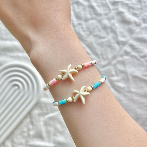 Fashion Turquoise Bracelets, with Polyamide & Polymer Clay & Copper Coated Plastic, Starfish, Unisex, mixed colors, Length:18-26 cm, Sold By Set