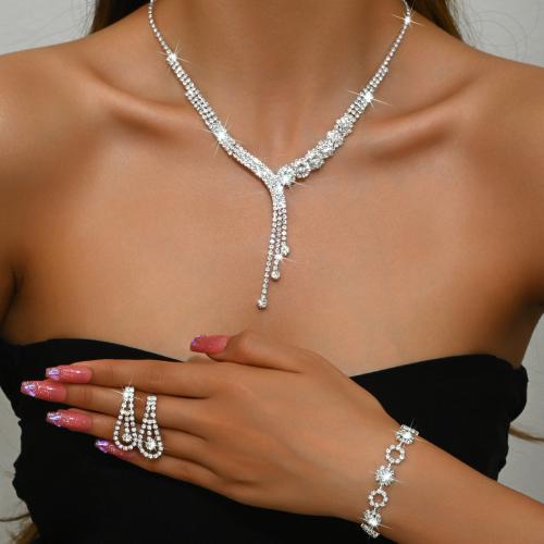 Brass Jewelry Set, plated, different styles for choice & for woman & with rhinestone, silver color, Sold By Set