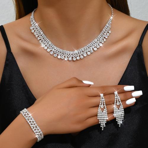 Brass Jewelry Set with Rhinestone plated & micro pave cubic zirconia & for woman silver color Sold By Set