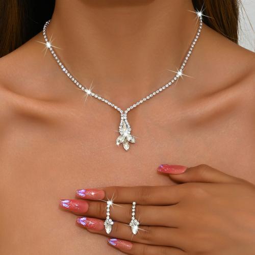 Brass Jewelry Set earring & necklace with Rhinestone plated 2 pieces & micro pave cubic zirconia & for woman Sold By Set