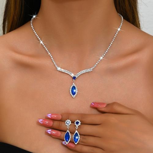 Brass Jewelry Set, earring & necklace, with Rhinestone, plated, 2 pieces & for woman, more colors for choice, Sold By Set