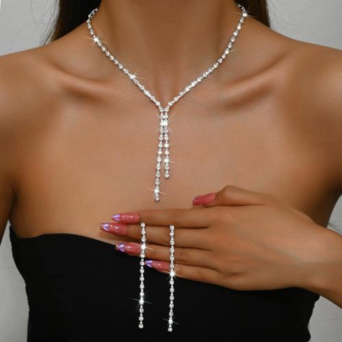 ottone set di gioielli fashion, orecchino & Collana, placcato, 2 pezzi & per la donna & con strass, argento, Venduto da set