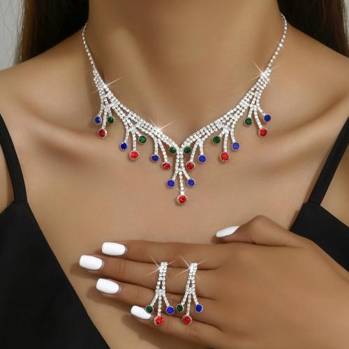 Brass Jewelry Set, earring & necklace, with Rhinestone, plated, 2 pieces & for woman, Sold By Set