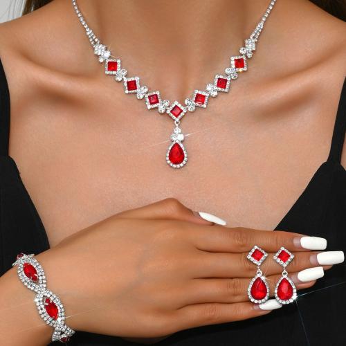 Brass Jewelry Set, bracelet & earring & necklace, with Rhinestone, plated, three pieces & for woman, more colors for choice, Sold By Set