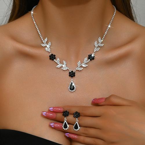 Brass Jewelry Set earring & necklace with Rhinestone plated 2 pieces & for woman Sold By Set