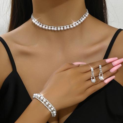 Brass Jewelry Set, with Rhinestone & Plastic Pearl, plated, different styles for choice & for woman, silver color, Sold By Set