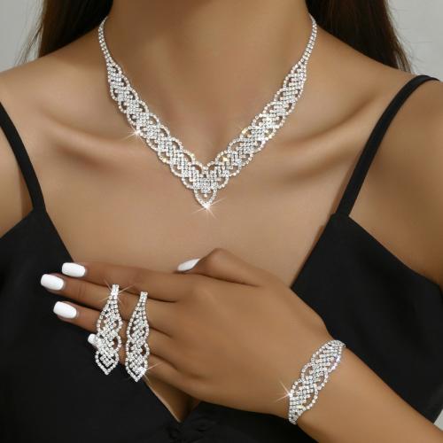 Brass Jewelry Set bracelet & earring & necklace with Rhinestone plated three pieces & for woman silver color Sold By Set