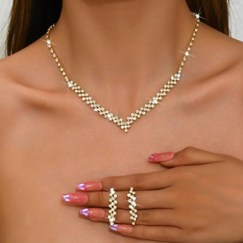 Brass Jewelry Set, earring & necklace, plated, 2 pieces & for woman & with rhinestone, more colors for choice, Sold By Set