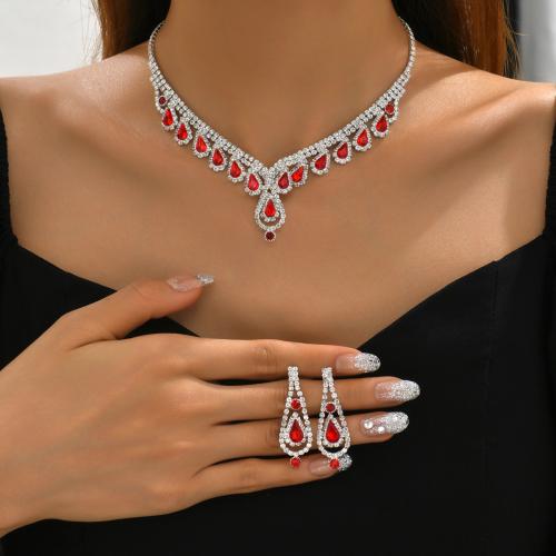 Brass Jewelry Set, earring & necklace, with Rhinestone, plated, 2 pieces & for woman, more colors for choice, Sold By Set