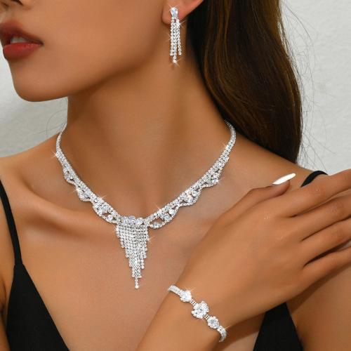 laiton parure de bijoux, Bracelet & boucle d'oreille & collier, Placage, trois pièces & pavé de micro zircon & pour femme, argent, Vendu par fixé