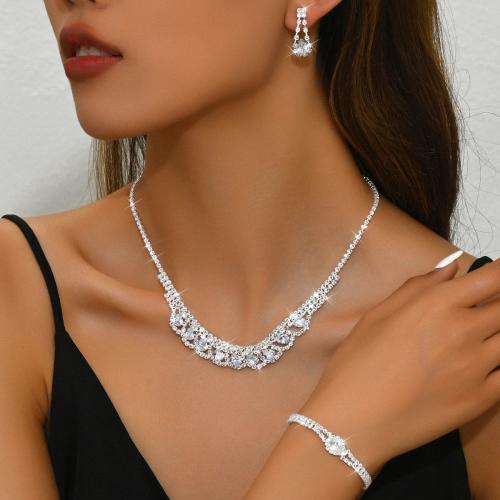 Brass Jewelry Set, bracelet & earring & necklace, plated, three pieces & micro pave cubic zirconia & for woman, silver color, Sold By Set