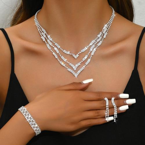 Brass Jewelry Set, plated, different styles for choice & for woman & with rhinestone, silver color, Sold By Set