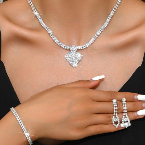 Brass Jewelry Set, Heart, plated, different styles for choice & for woman & with rhinestone, silver color, Sold By Set